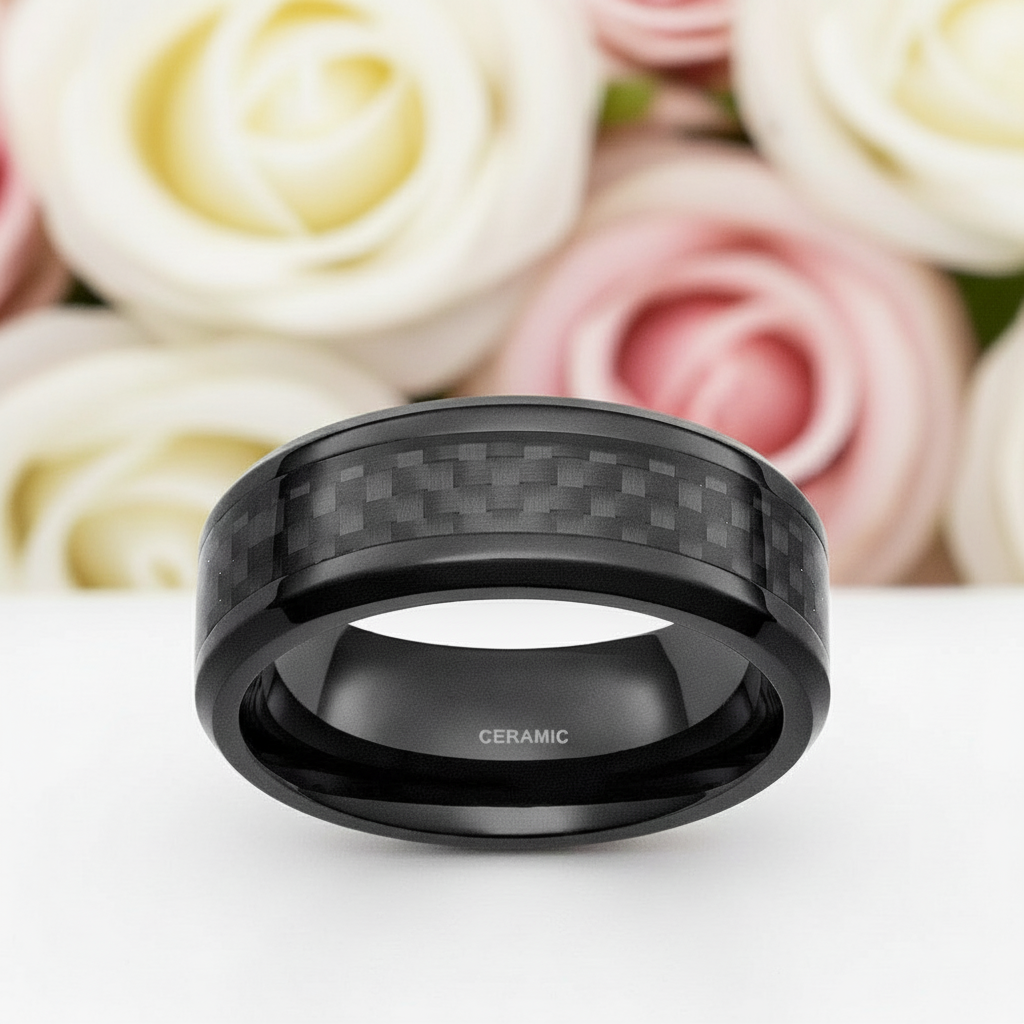 Carbon Fiber Men's Ceramic Wedding Band-Black Diamonds New York