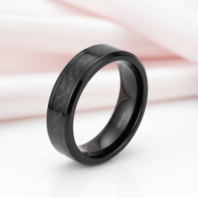 Carbon Fiber Men's Ceramic Wedding Band-Black Diamonds New York
