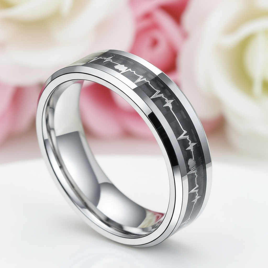 Cardiogram Inlay with 6mm Tungsten Wedding Band-Black Diamonds New York