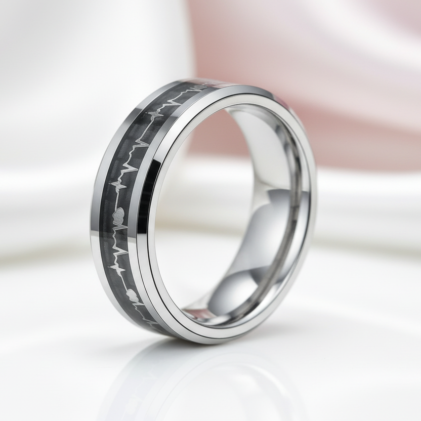 Cardiogram Inlay with 6mm Tungsten Wedding Band-Black Diamonds New York