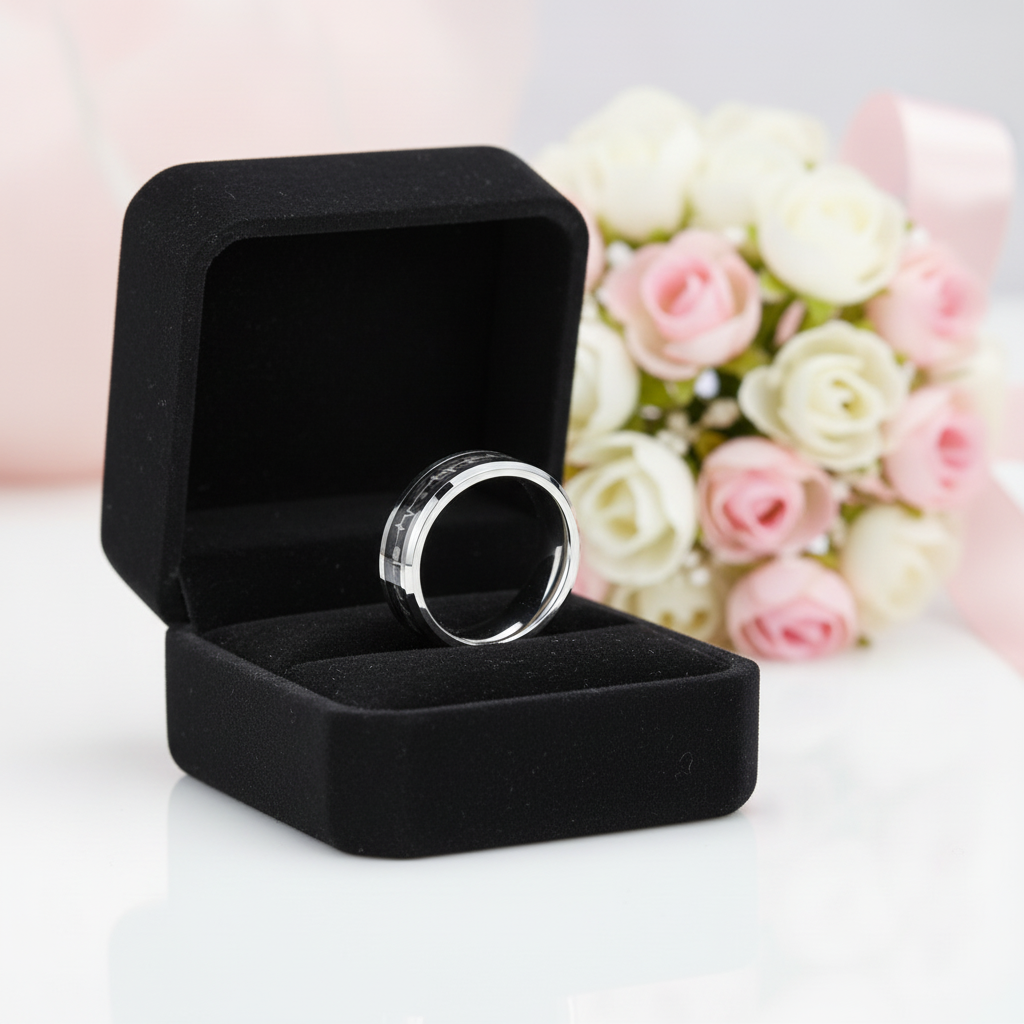 Cardiogram Inlay with 6mm Tungsten Wedding Band-Black Diamonds New York