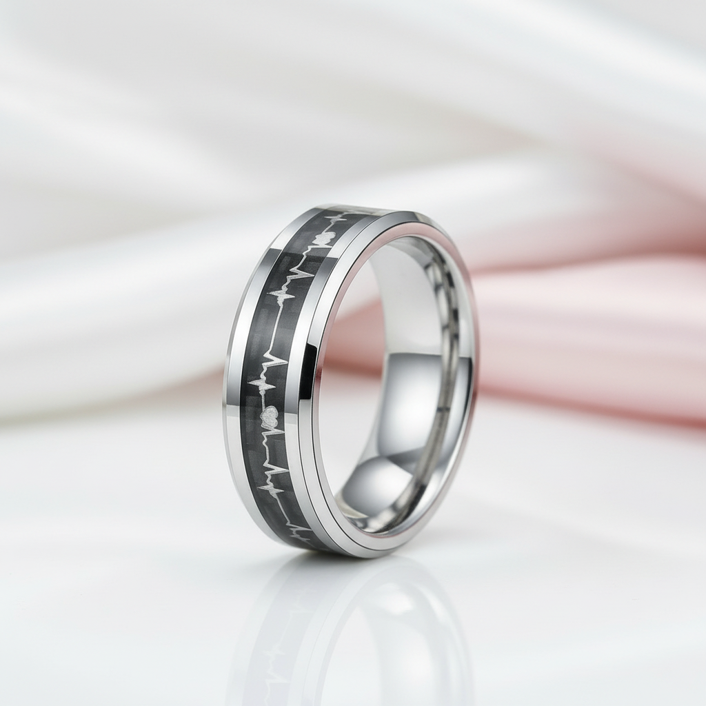 Cardiogram Inlay with 6mm Tungsten Wedding Band-Black Diamonds New York