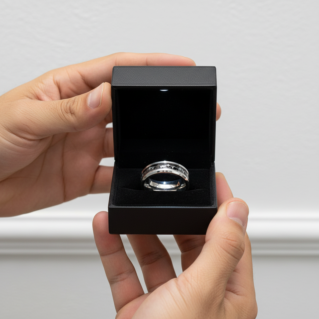 Cardiogram Inlay with 6mm Tungsten Wedding Band-Black Diamonds New York