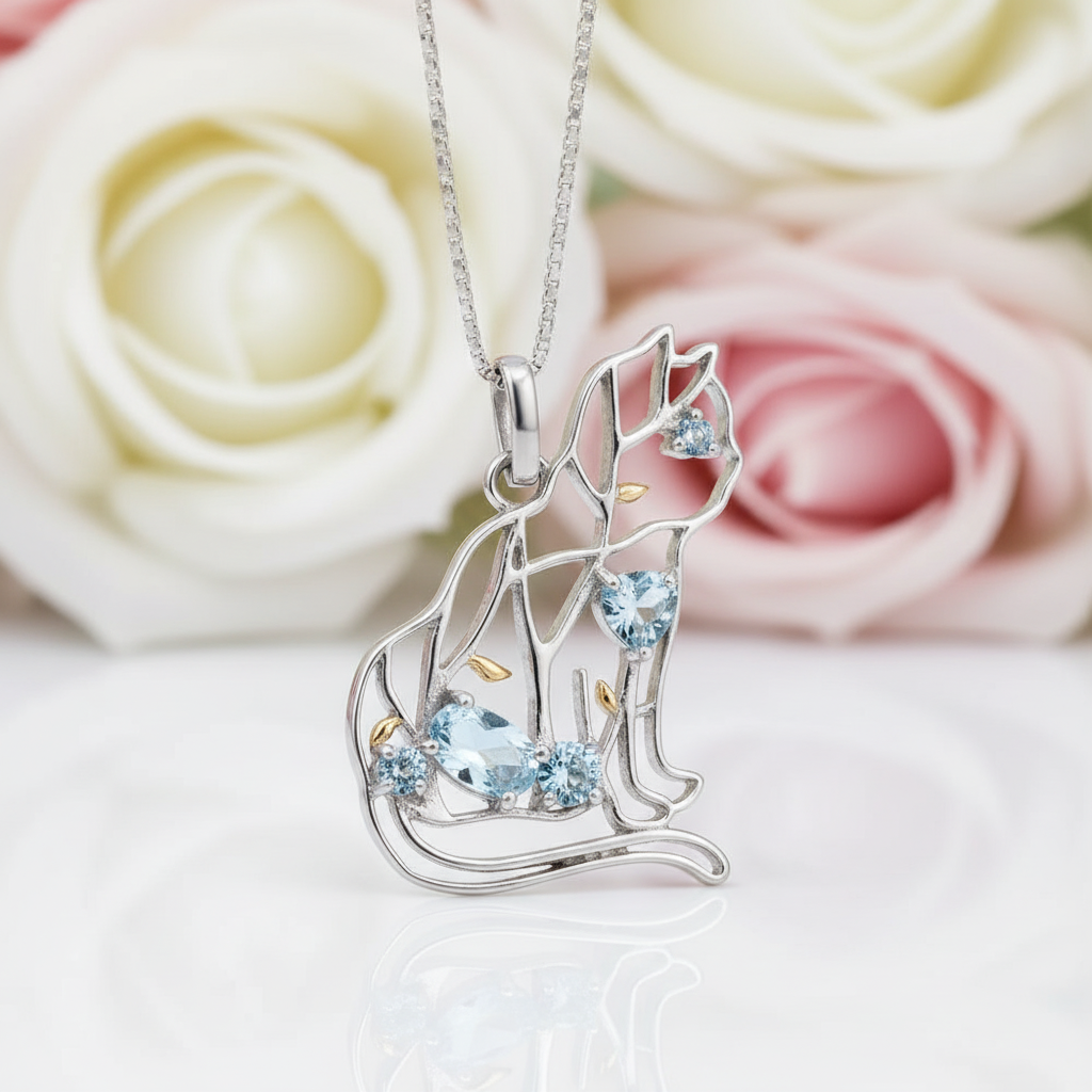 Cat Shape Natural Sky Blue Topaz Handmade Pendant Necklace-Black Diamonds New York