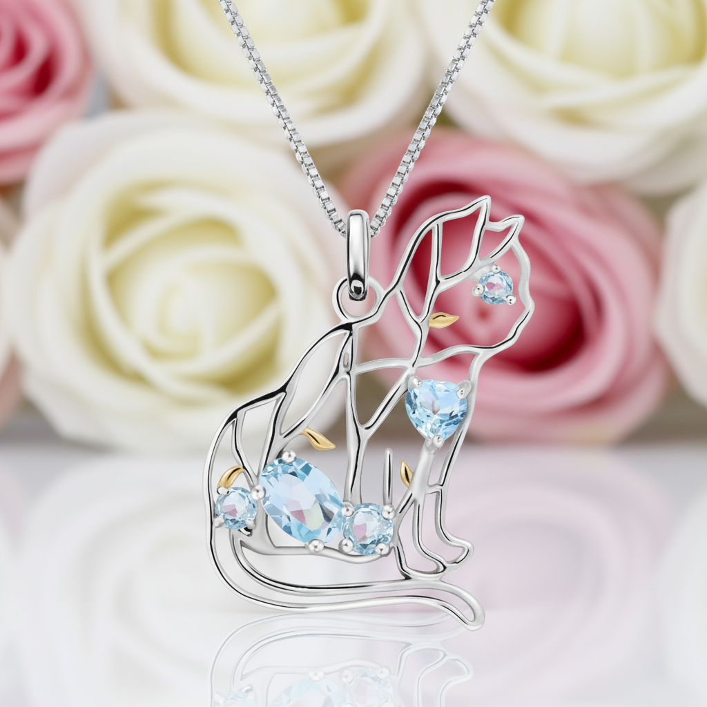 Cat Shape Natural Sky Blue Topaz Handmade Pendant Necklace-Black Diamonds New York