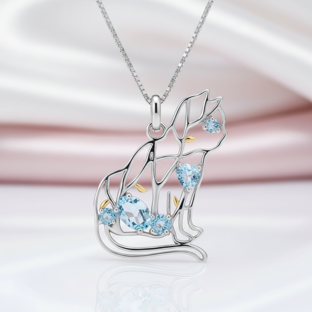 Cat Shape Sky Blue Topaz Handmade Pendant Necklace-Black Diamonds New York