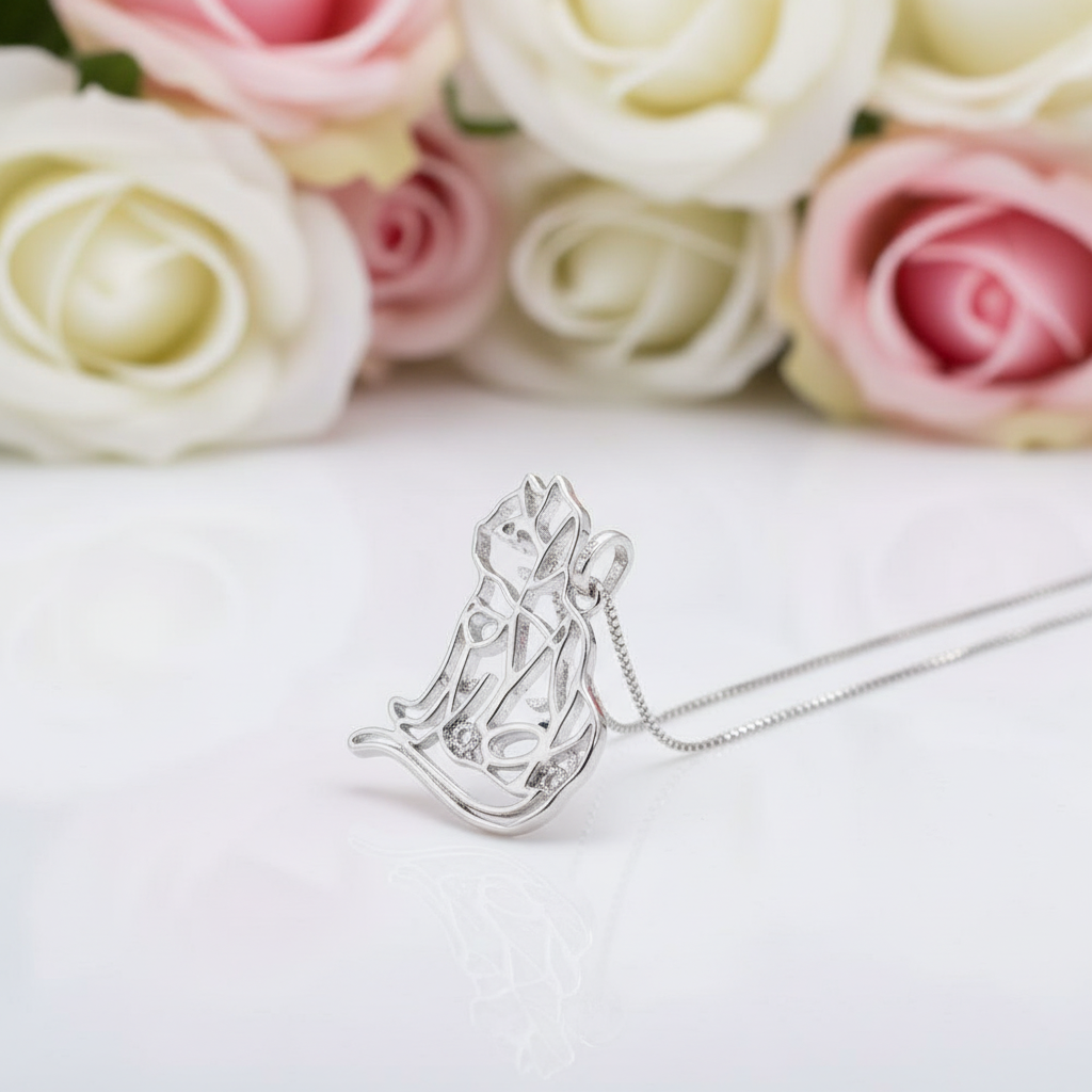 Cat Shape Natural Sky Blue Topaz Handmade Pendant Necklace-Black Diamonds New York