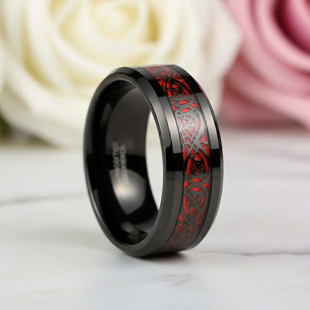 Celtic Dragon Men's 8mm Tungsten Wedding Band-Black Diamonds New York