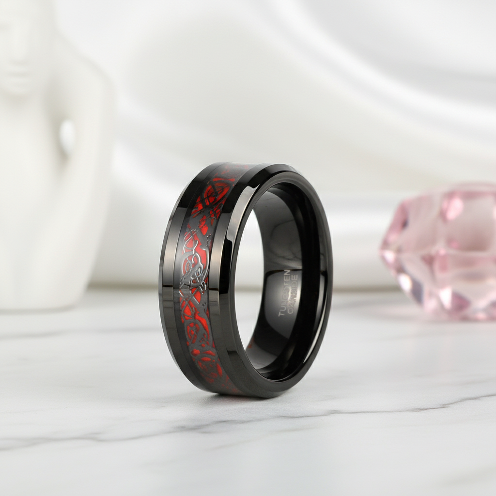 Celtic Dragon Men's 8mm Tungsten Wedding Band-Black Diamonds New York