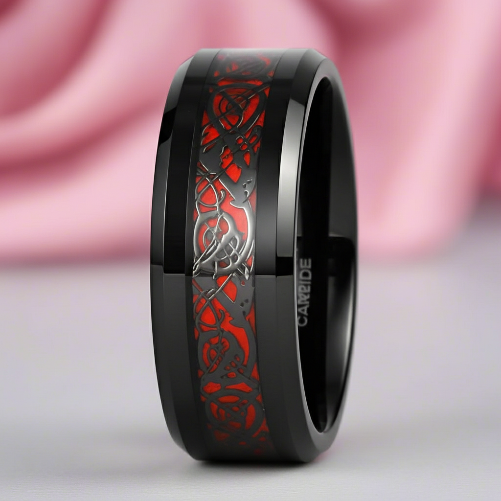 Celtic Dragon Men's 8mm Tungsten Wedding Band-Black Diamonds New York