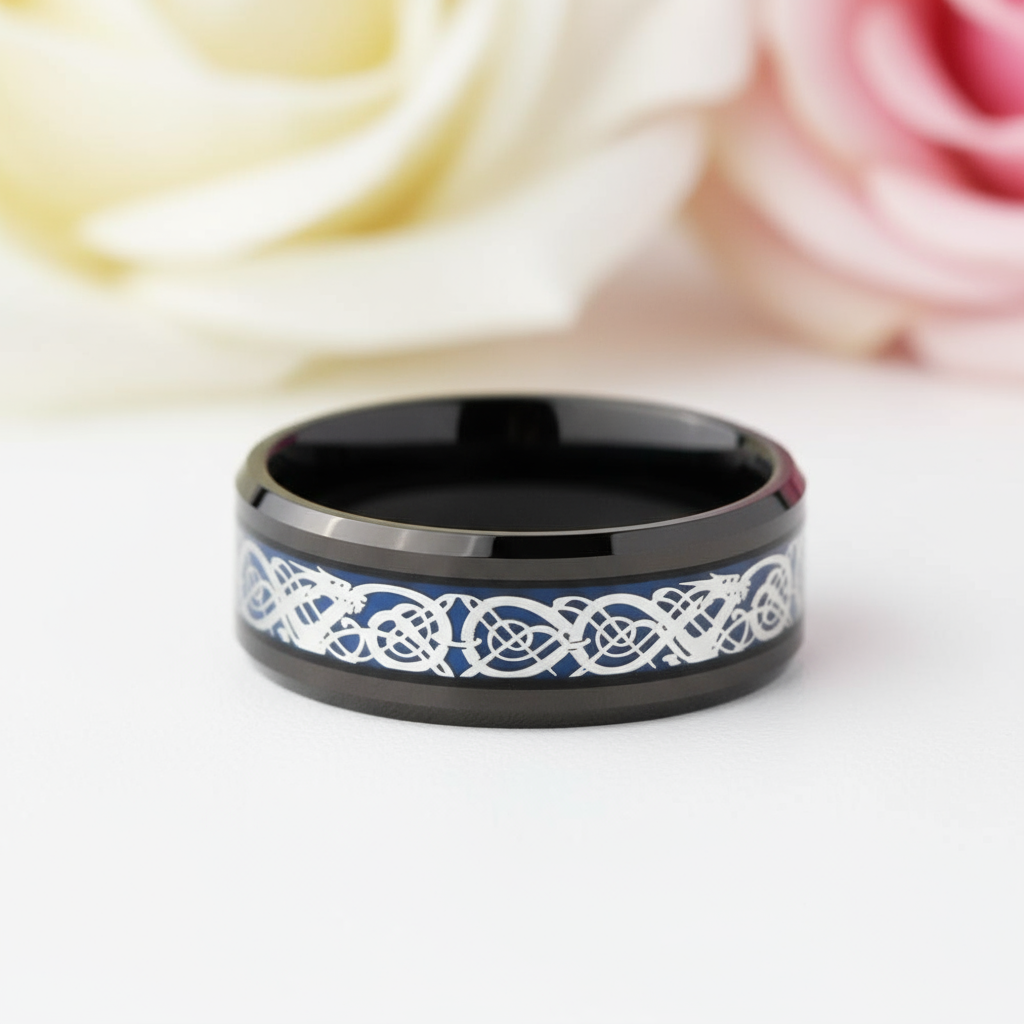 Celtic Dragon Men's Tungsten Carbide Wedding Band-Black Diamonds New York
