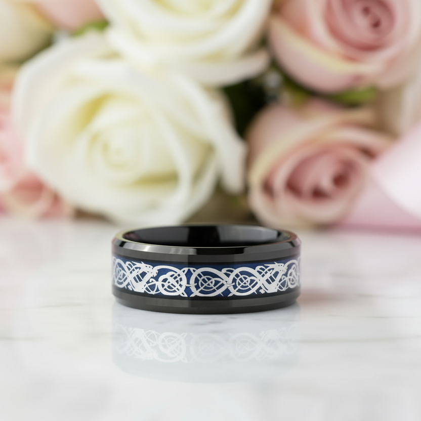 Celtic Dragon Men's Tungsten Carbide Wedding Band-Black Diamonds New York