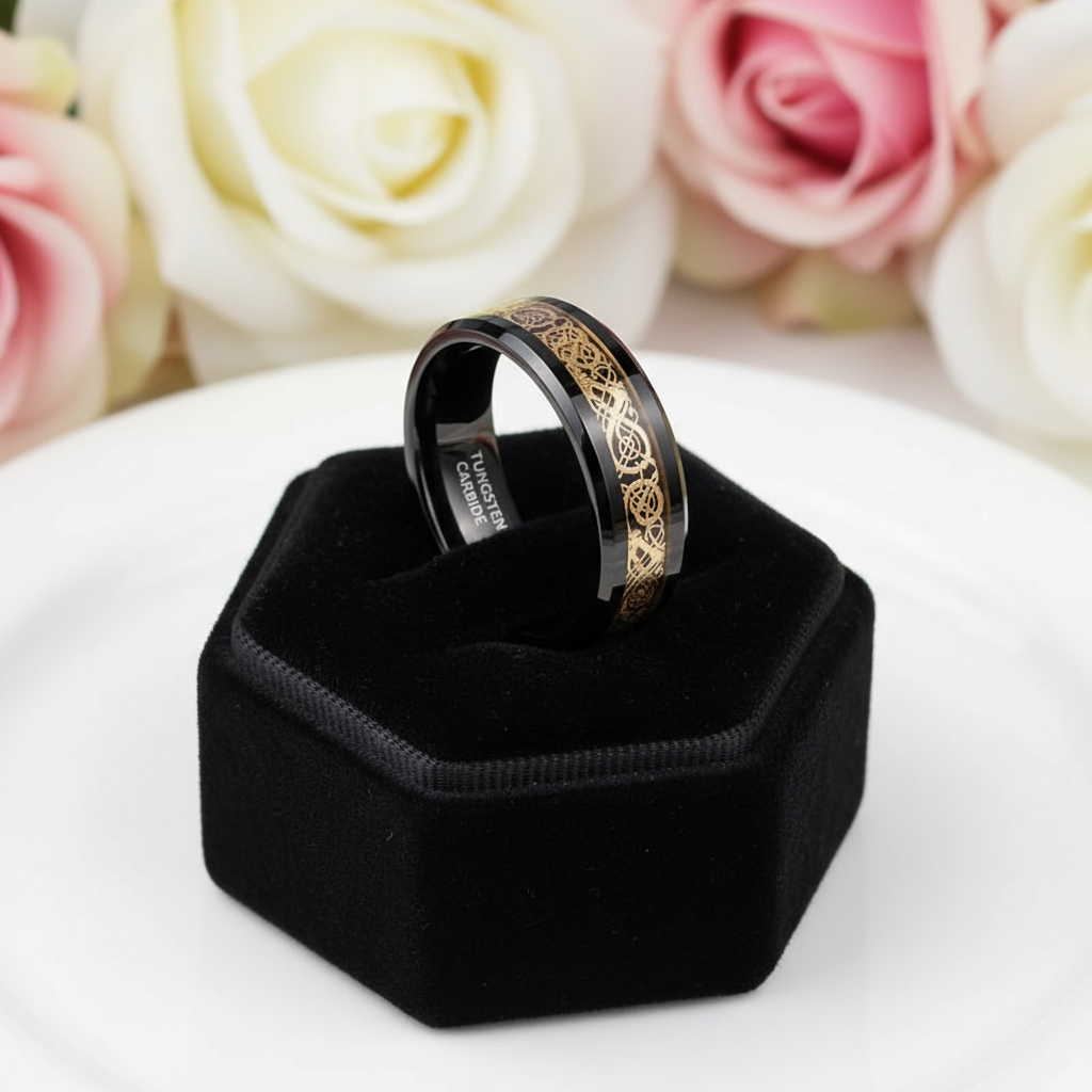 Celtic Dragon Men's Tungsten Carbide Wedding Band-Black Diamonds New York