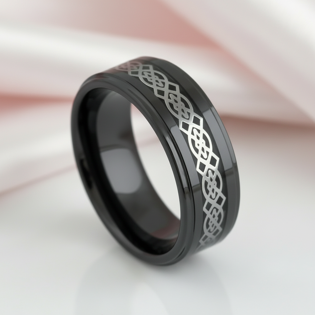 Celtic Knot Men's Ceramic Wedding Band-Black Diamonds New York