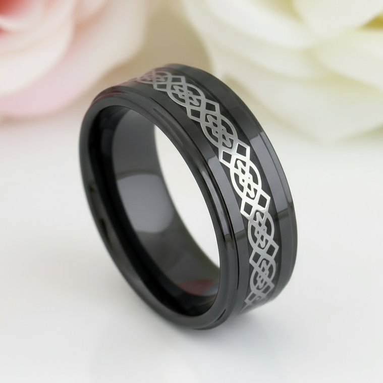 Celtic Knot Men's Ceramic Wedding Band-Black Diamonds New York