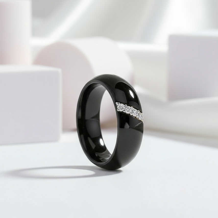 6mm Ceramic Dome Wedding Band with Diamond-Black Diamonds New York
