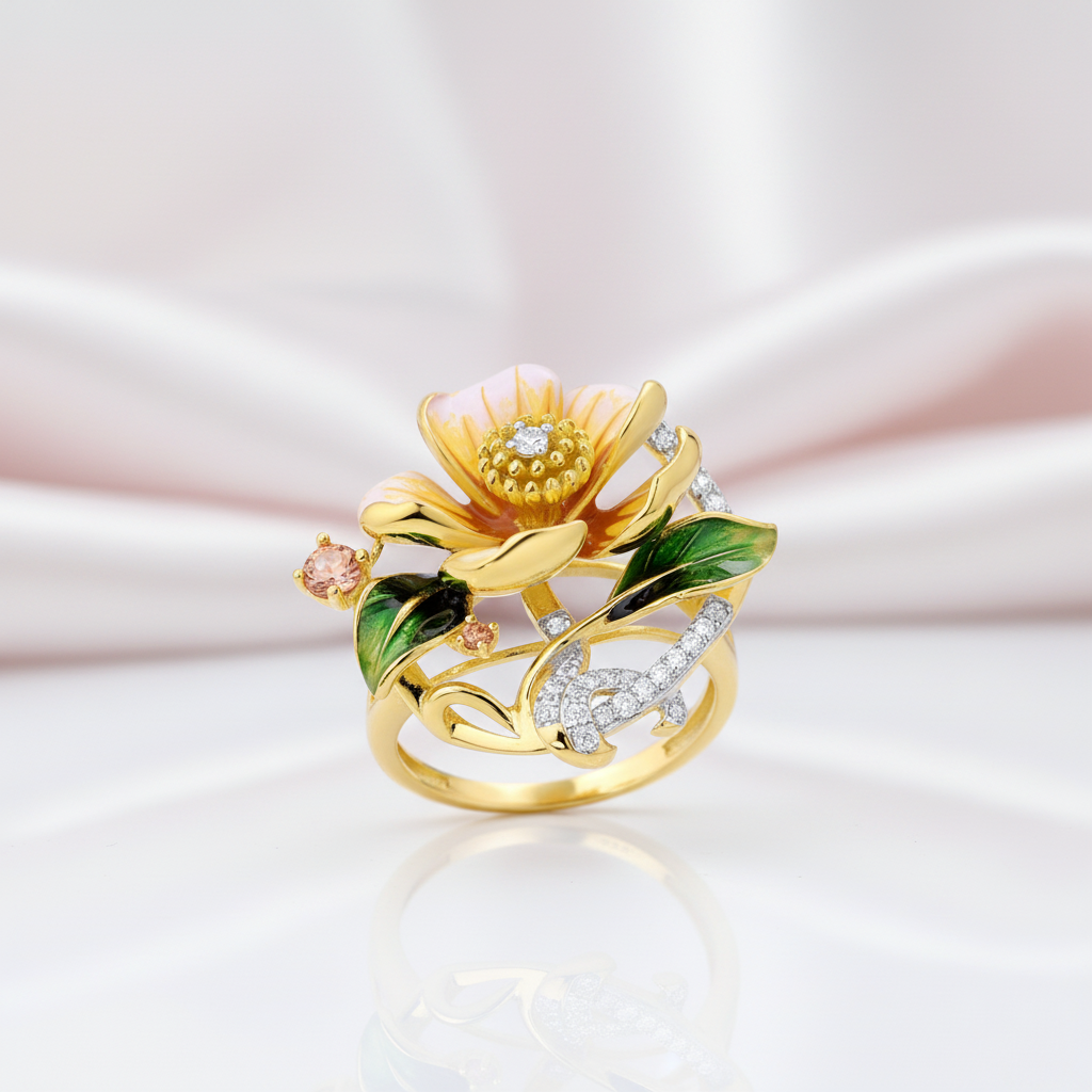 Charming Yellow Enamel Flower Ring-Black Diamonds New York