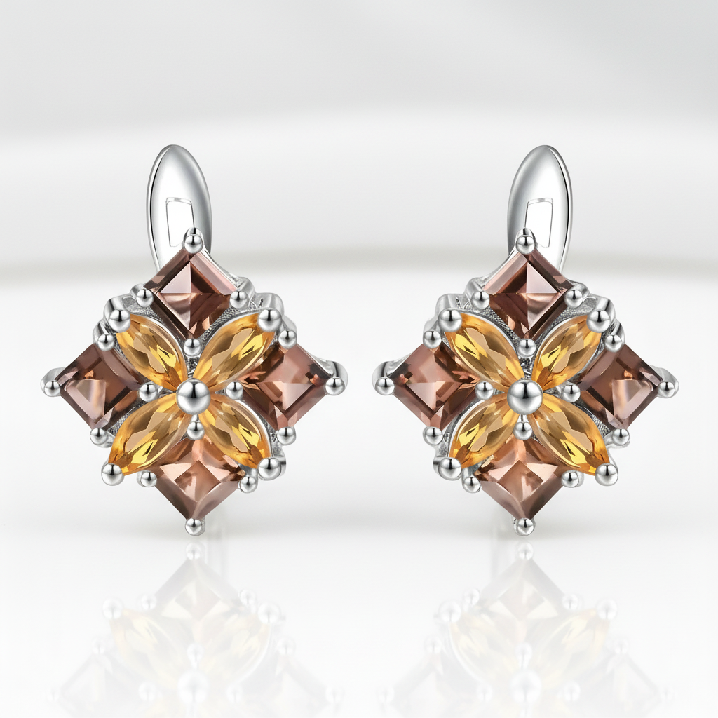 Citrine & Smoky Quartz Flower Stud Earrings-Black Diamonds New York