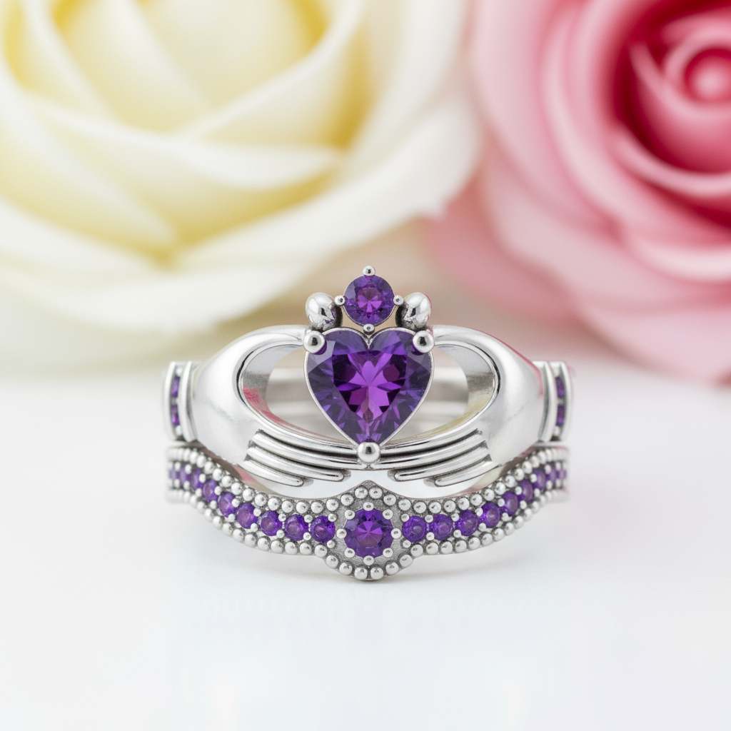 Claddagh Wedding Ring Set in Purple Diamond-Black Diamonds New York