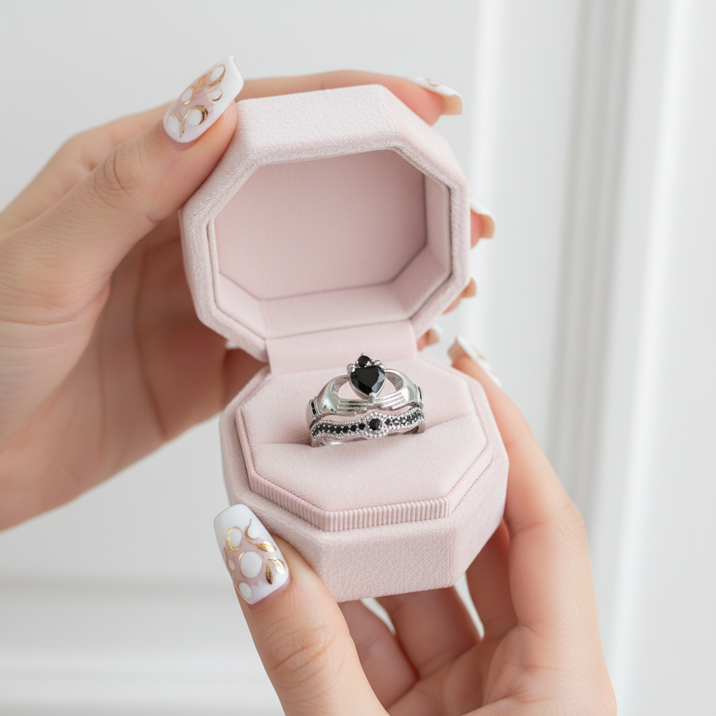 Claddagh Wedding Ring Set in Purple Diamond Option-Black Diamonds New York