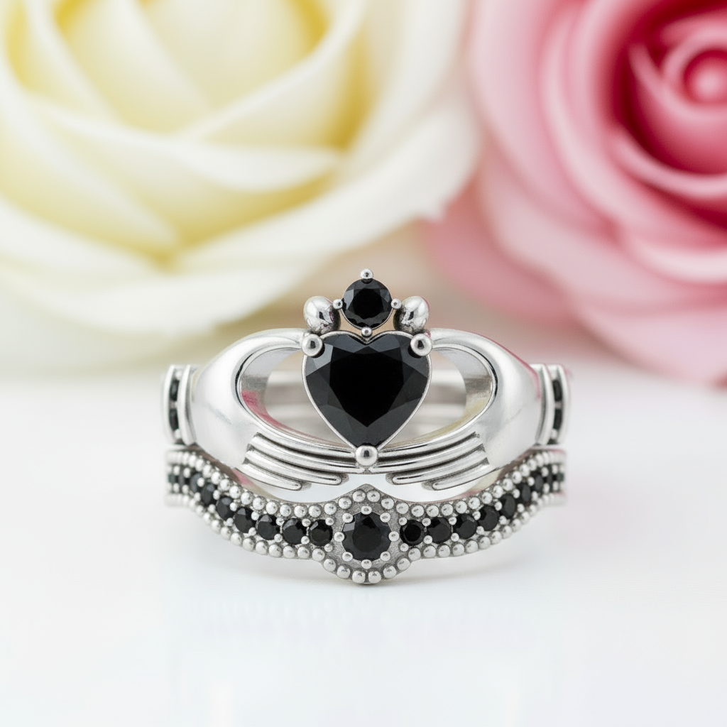 Claddagh Wedding Ring Set in Purple Diamond Option-Black Diamonds New York