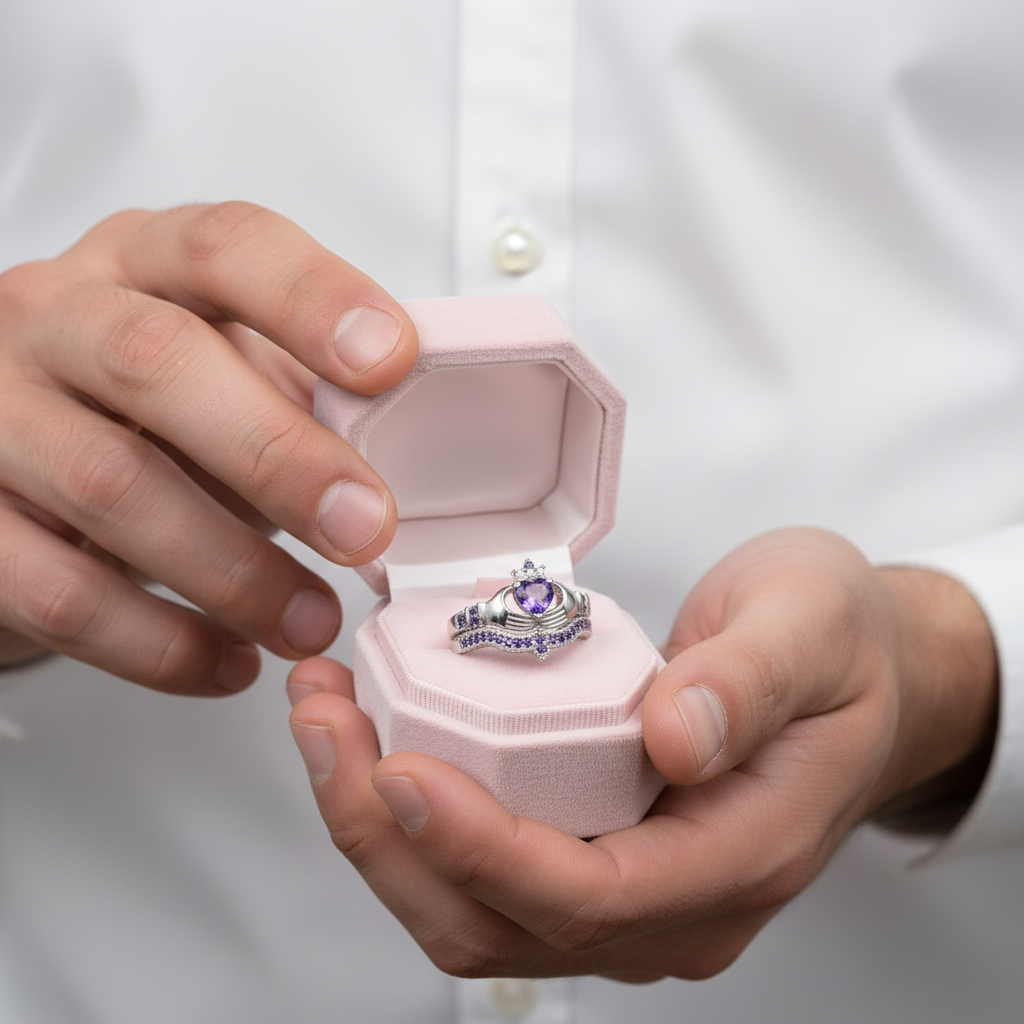 Claddagh Wedding Ring Set in Purple Diamond Option-Black Diamonds New York
