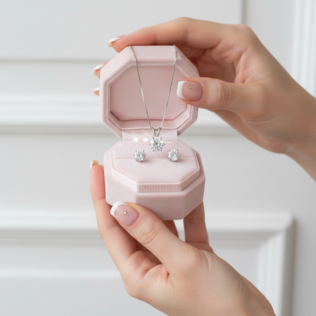 Pink jewelry box with silver necklace and earrings held by a hand on a white background