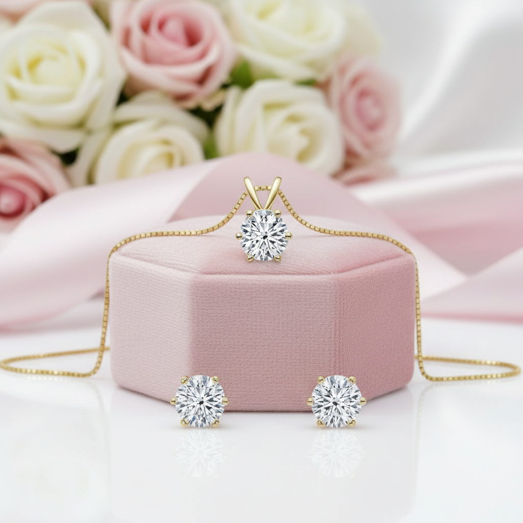 Diamond jewelry set with pink roses in the background