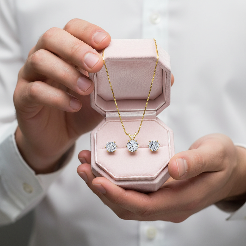 Gold necklace and earrings in a pink jewelry box held by hands against a white background