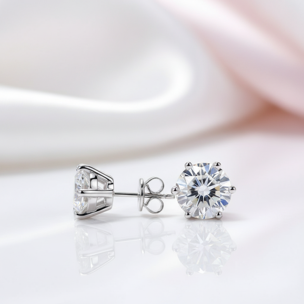 Silver stud earrings with clear gemstones on a reflective surface
