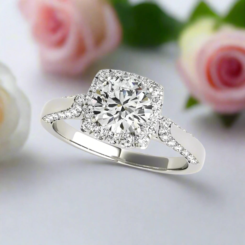 Classic 1.0 Ct Round Diamond Halo Engagement Ring Set-Black Diamonds New York