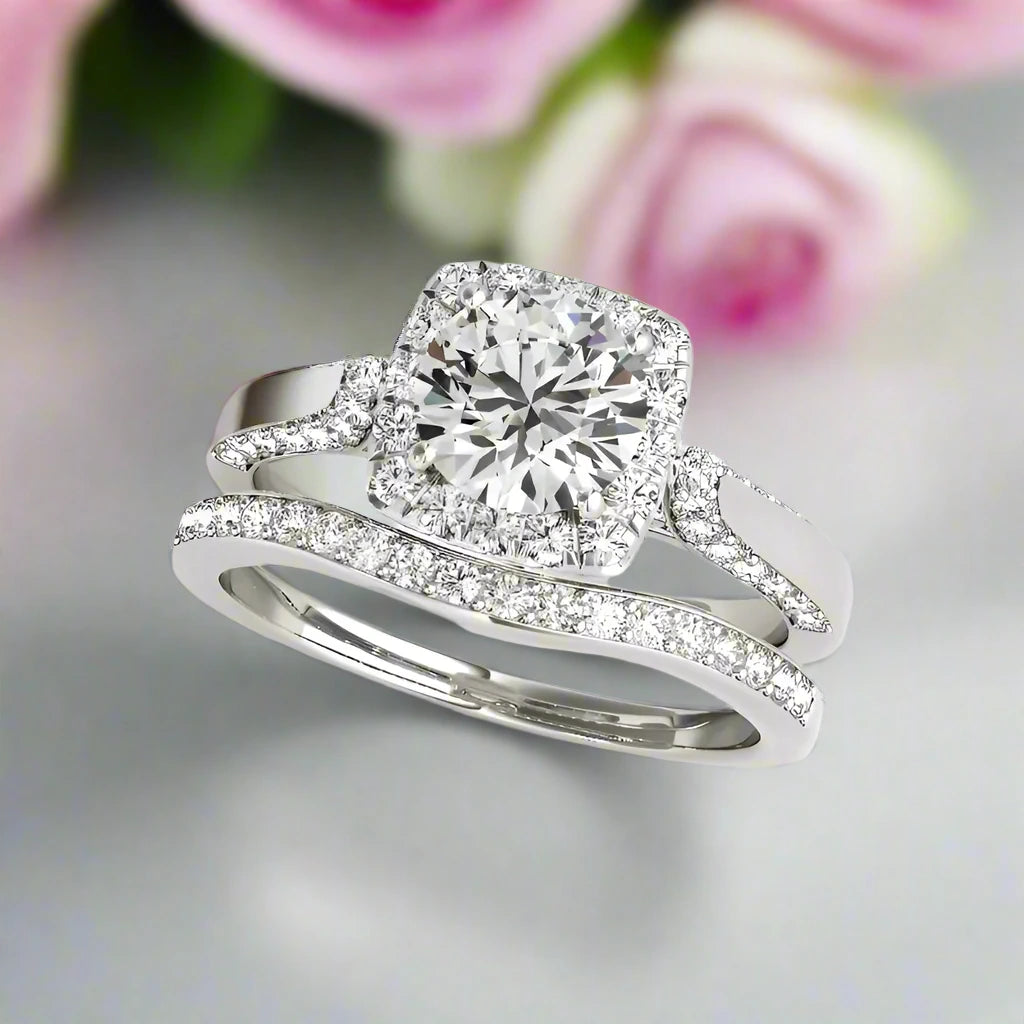 Classic 1.0 Ct Round Diamond Halo Engagement Ring Set-Black Diamonds New York