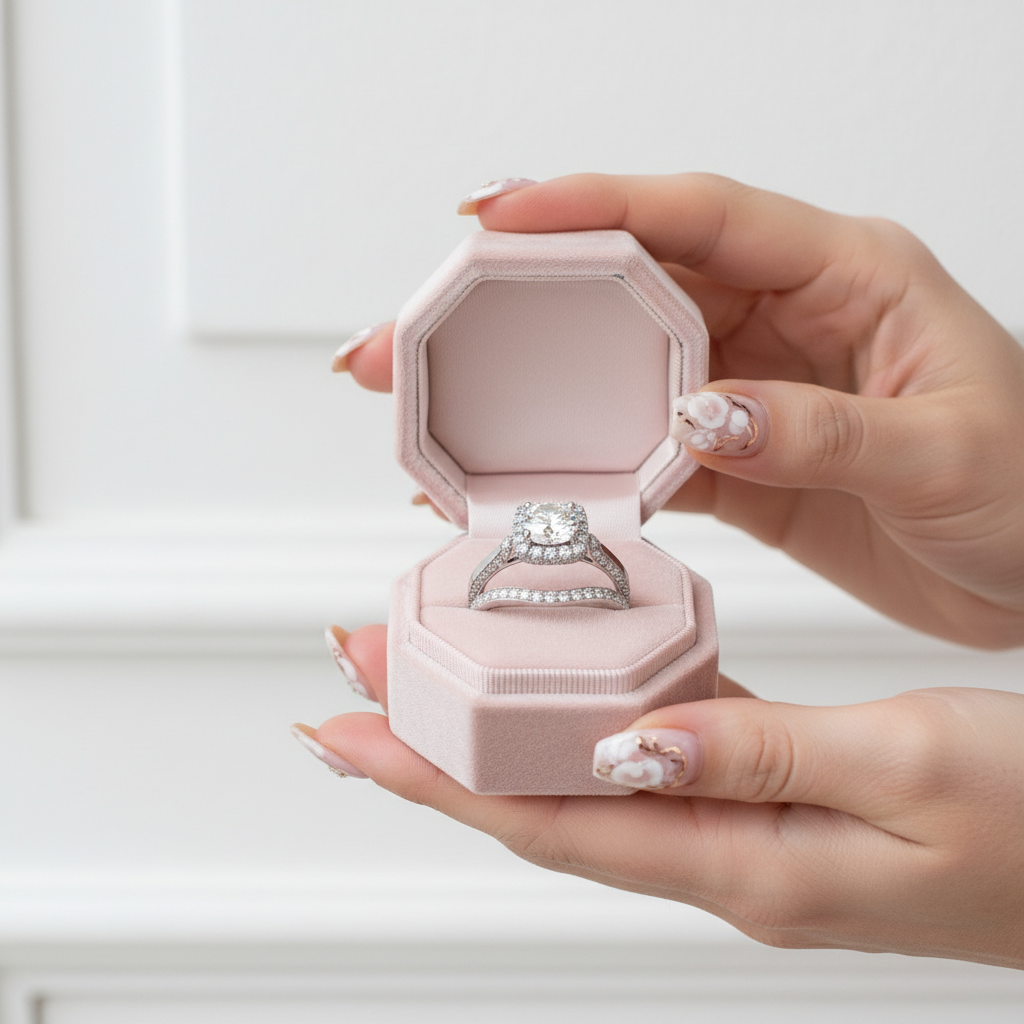 Hand holding a pink jewelry box with an engagement ring inside against a white background