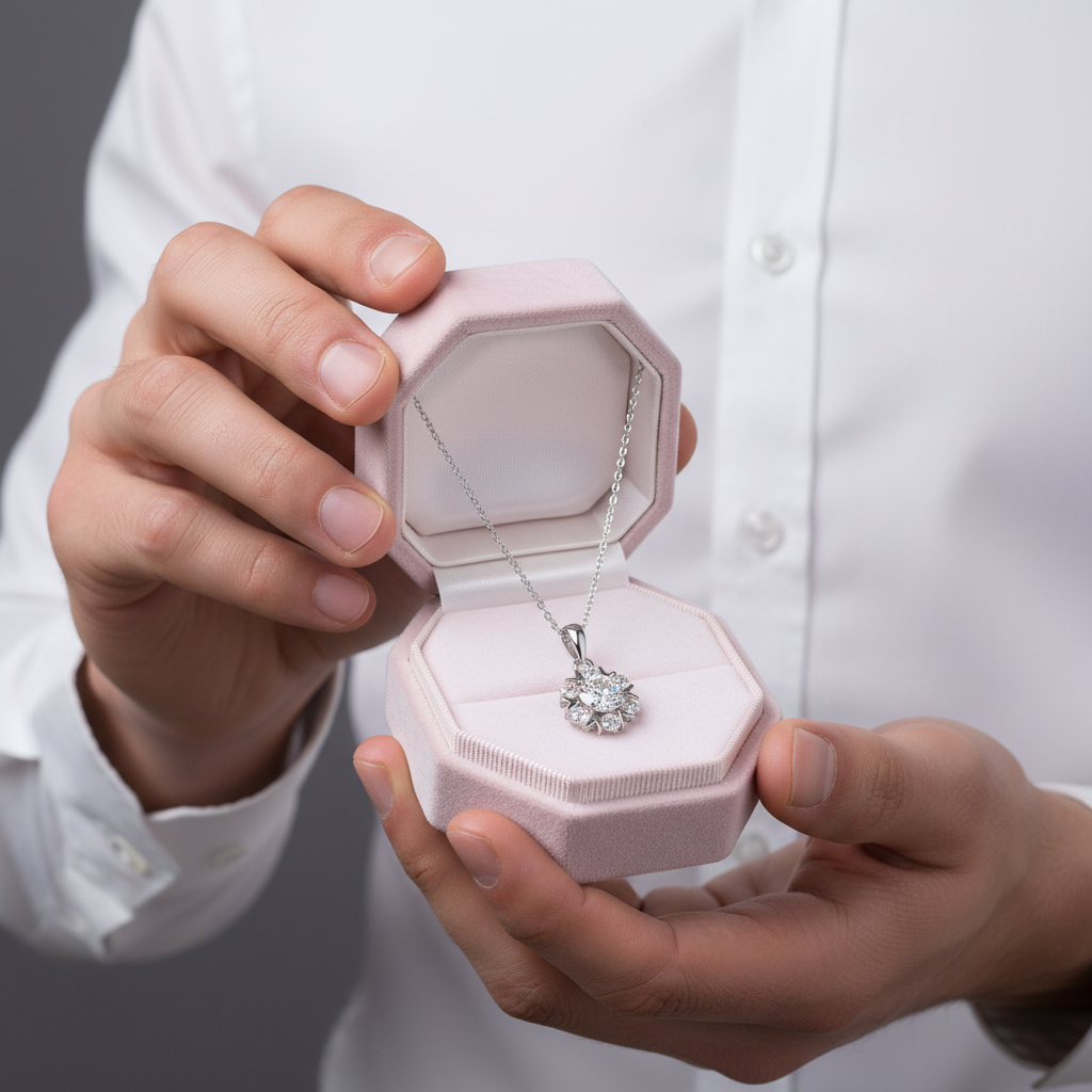 Person holding a pink jewelry box with a diamond necklace inside, wearing a white shirt.