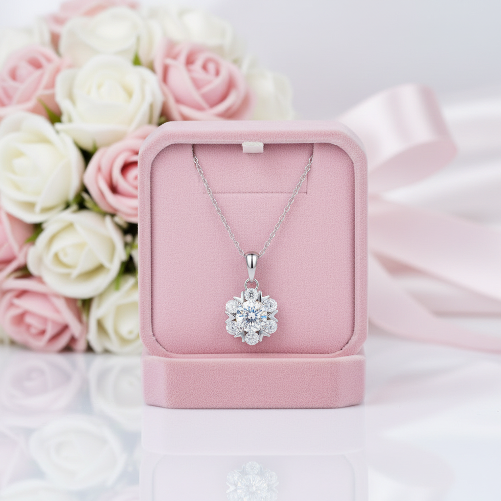 Silver necklace with a floral pendant in a pink jewelry box, surrounded by pink and white roses.