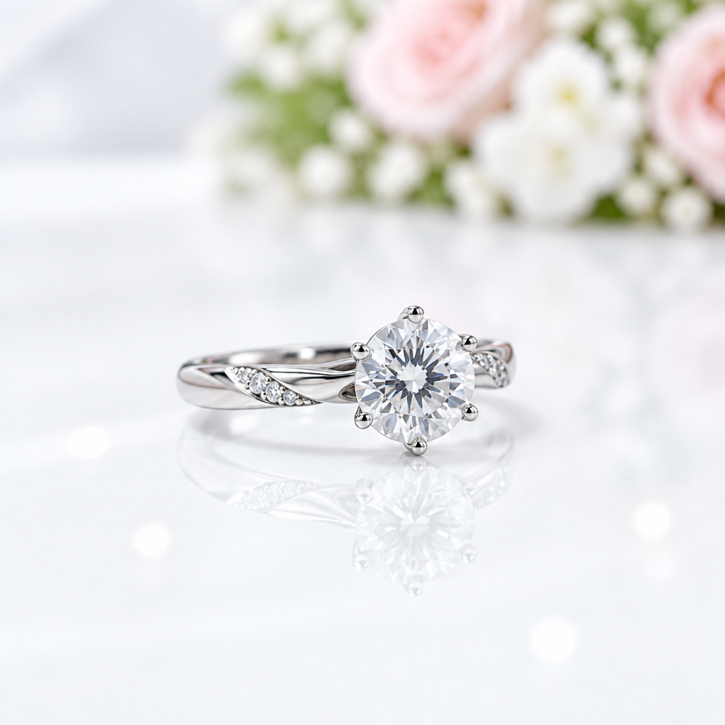 A silver solitaire engagement ring with a round brilliant-cut diamond center stone and small accent diamonds on the band, displayed on a reflective white surface with soft-focus pink and white flowers in the background.