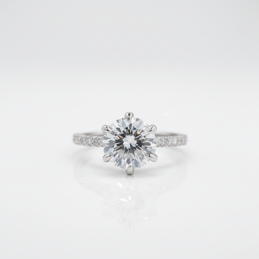 A classic solitaire engagement ring featuring a round brilliant-cut center stone in a six-prong setting on a polished silver-colored band with small pavé accents, shown on a clean white reflective surface.