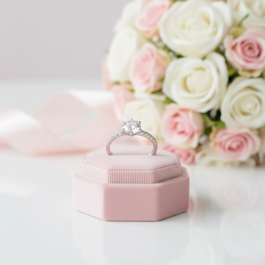 A diamond engagement ring with a silver band sits on a pink velvet ring box, with a blurred bouquet of white and pink roses in the background.