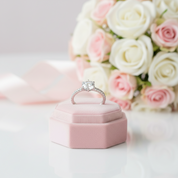A diamond engagement ring with a silver band sits on a pink velvet ring box, with a blurred bouquet of white and pink roses in the background.