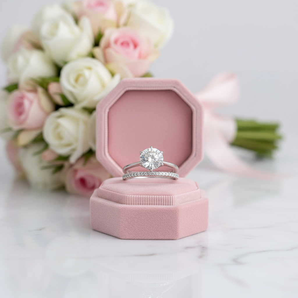 Diamond ring in a pink box with flowers in the background