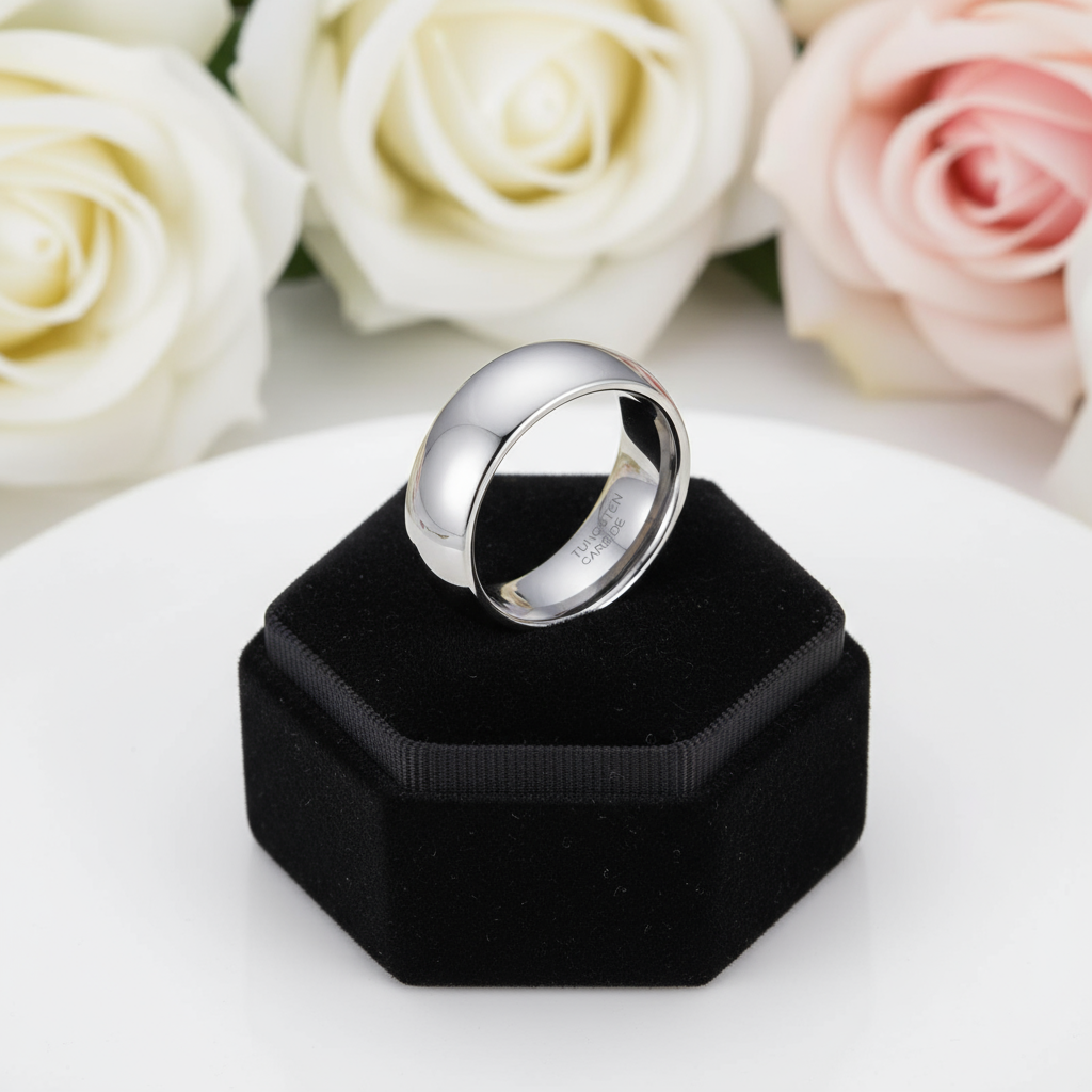 Classic 8mm Dome Tungsten Carbide Wedding Band-Black Diamonds New York