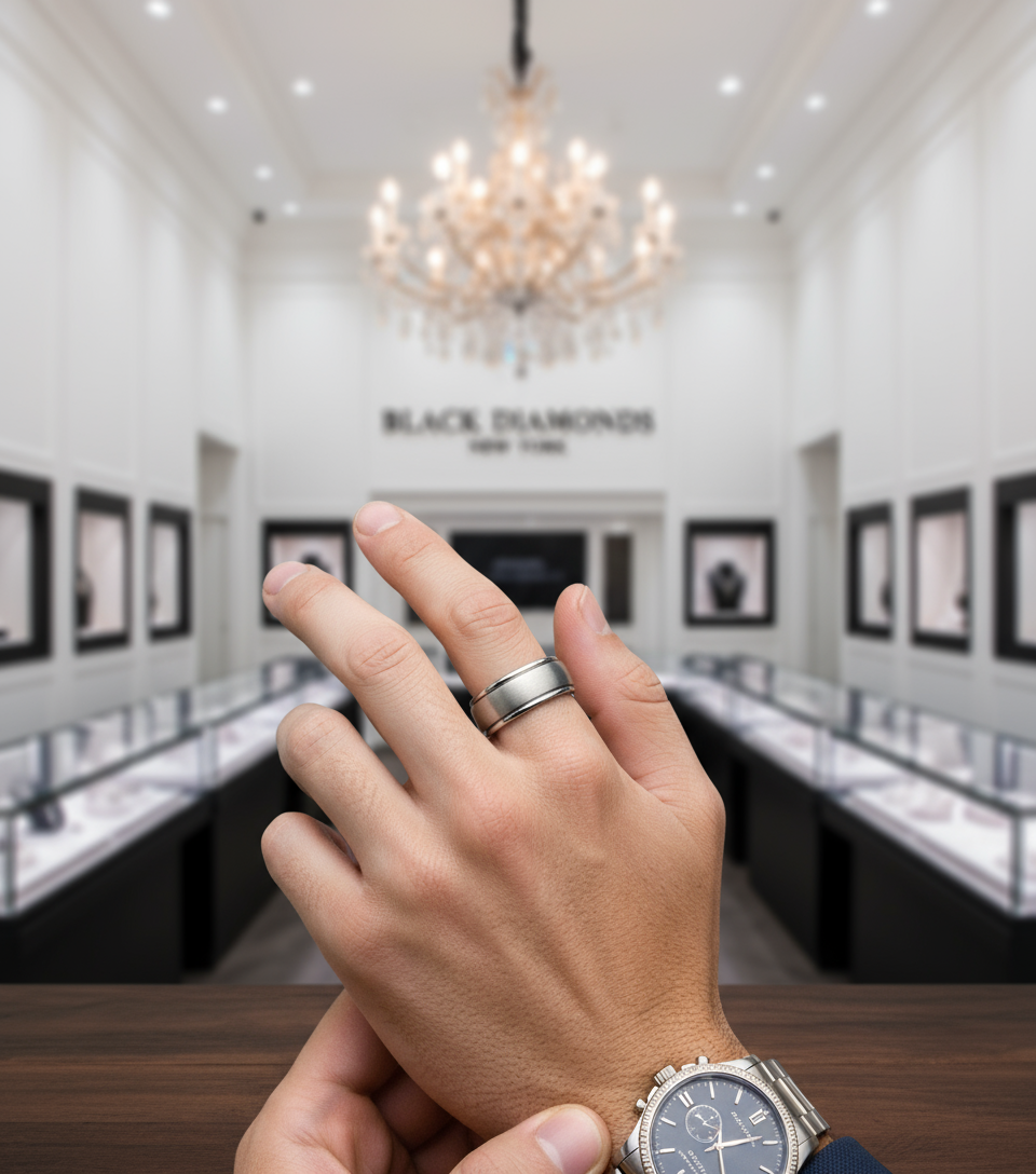 Classic 8mm Matte Titanium Men's Wedding Band-Black Diamonds New York