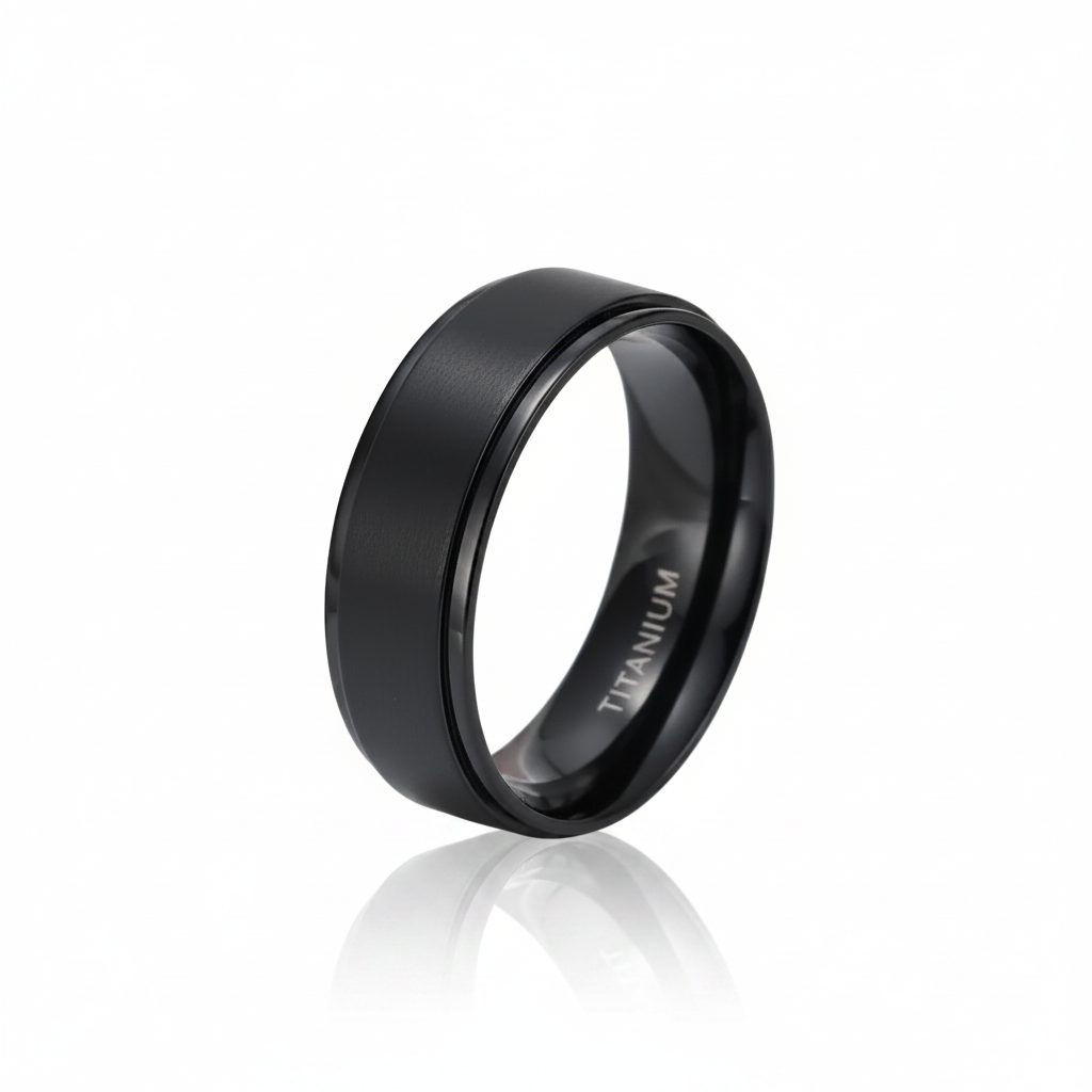 A matte black titanium ring with a satin finish and a polished beveled edge, shown on a reflective white surface. The inside of the band is engraved with the word 'TITANIUM'.