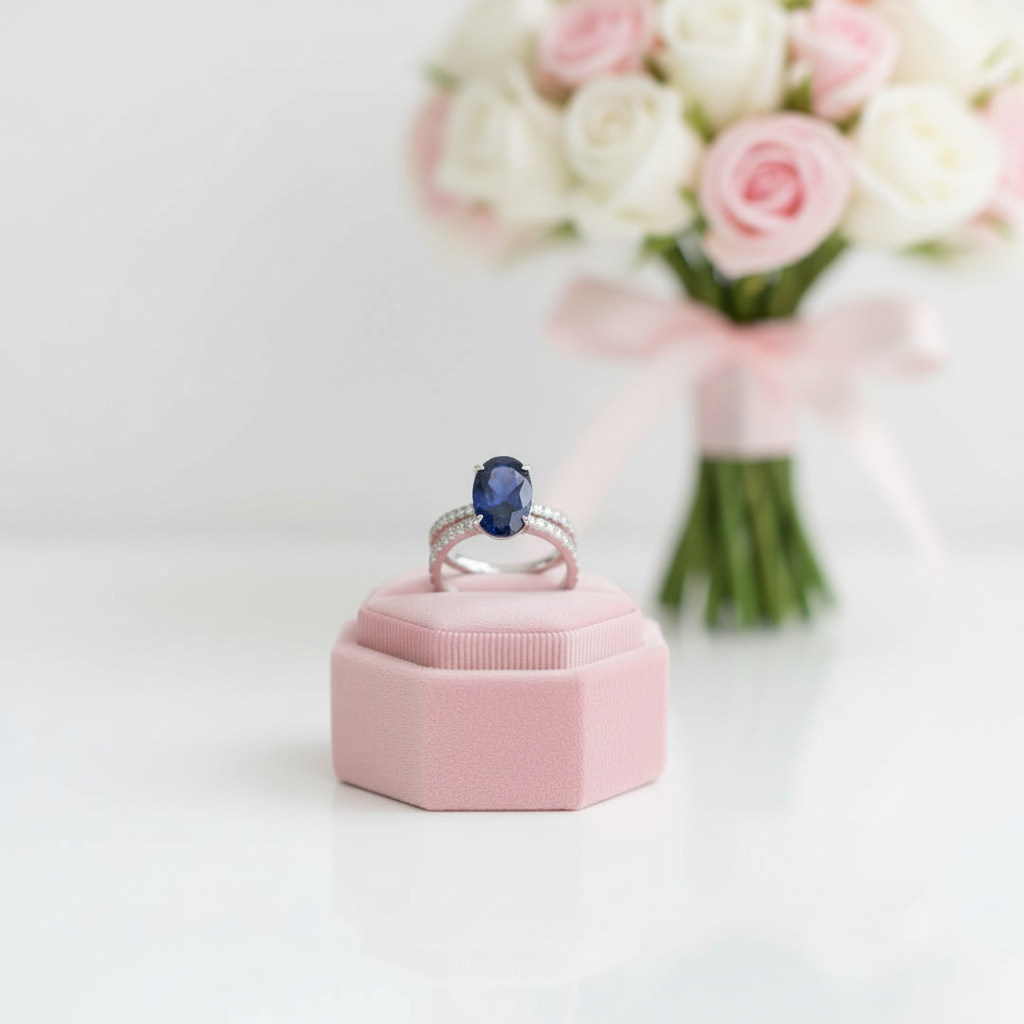 Classic Blue Sapphire Oval Cut Engagement Ring Set-Black Diamonds New York