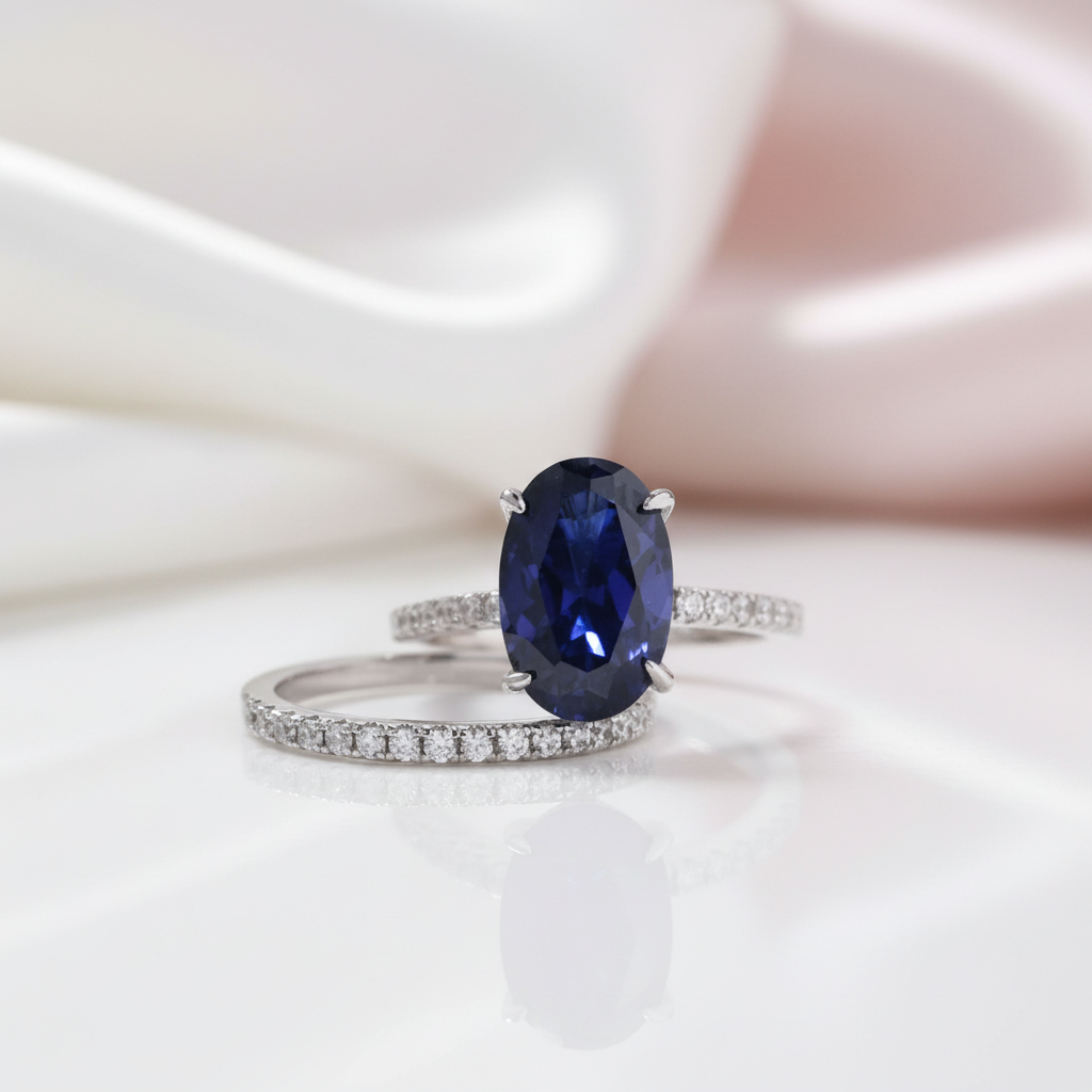 Classic Blue Sapphire Oval Cut Engagement Ring Set-Black Diamonds New York