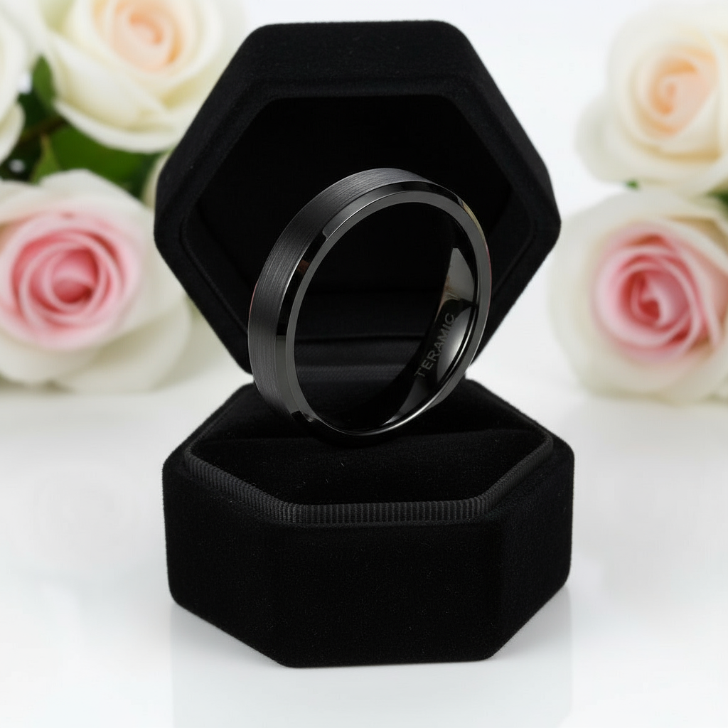 Classic Brushed Black Ceramic Men's Wedding Band-Black Diamonds New York