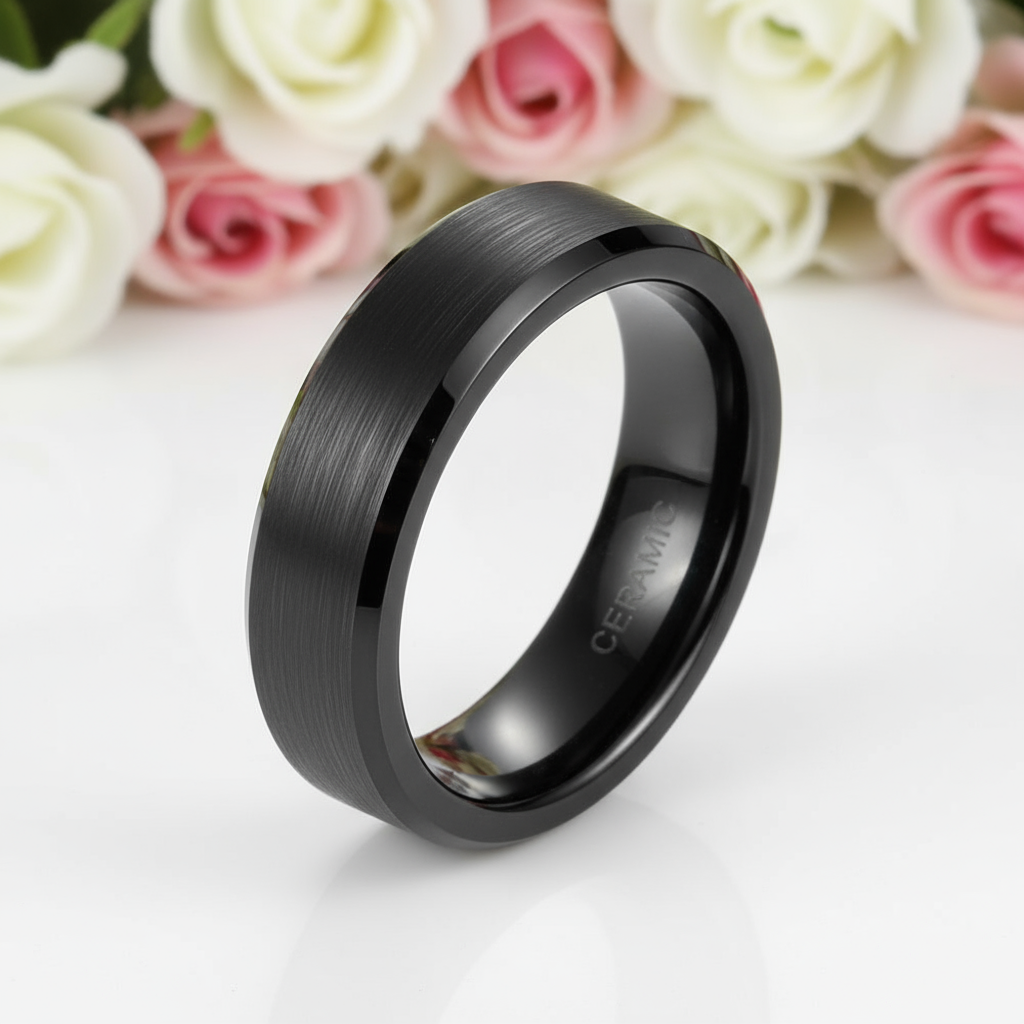 Classic Brushed Black Ceramic Men's Wedding Band-Black Diamonds New York