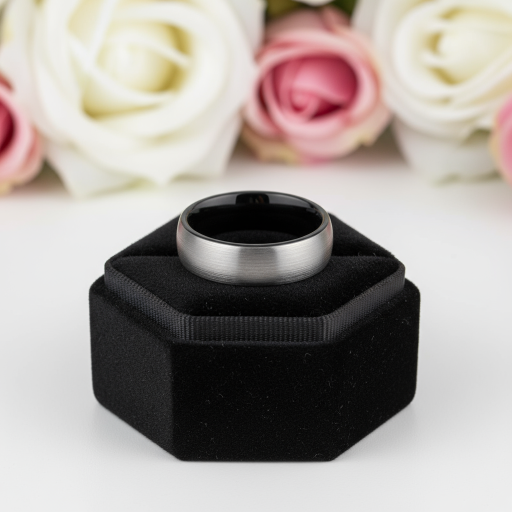 Classic Brushed Men's Tungsten Carbide Wedding Band-Black Diamonds New York