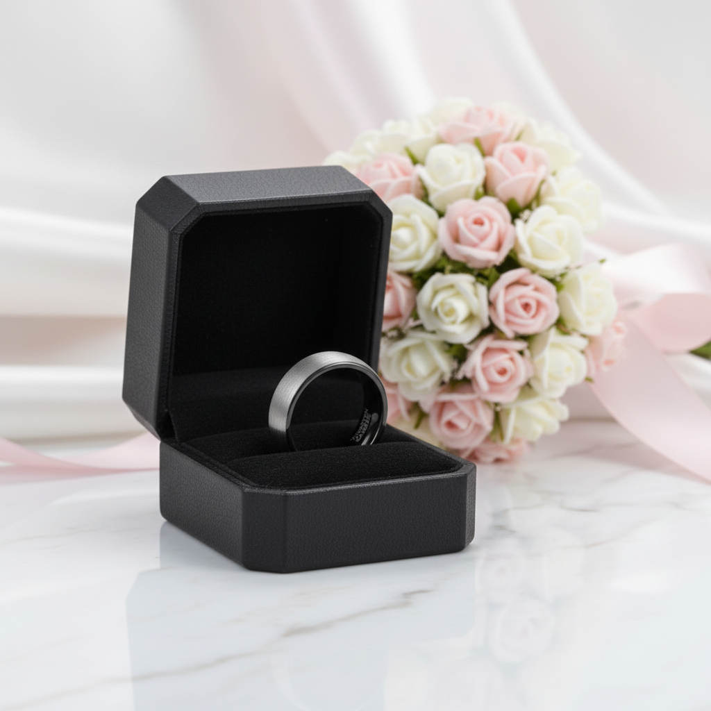 Classic Brushed Men's Tungsten Carbide Wedding Band-Black Diamonds New York