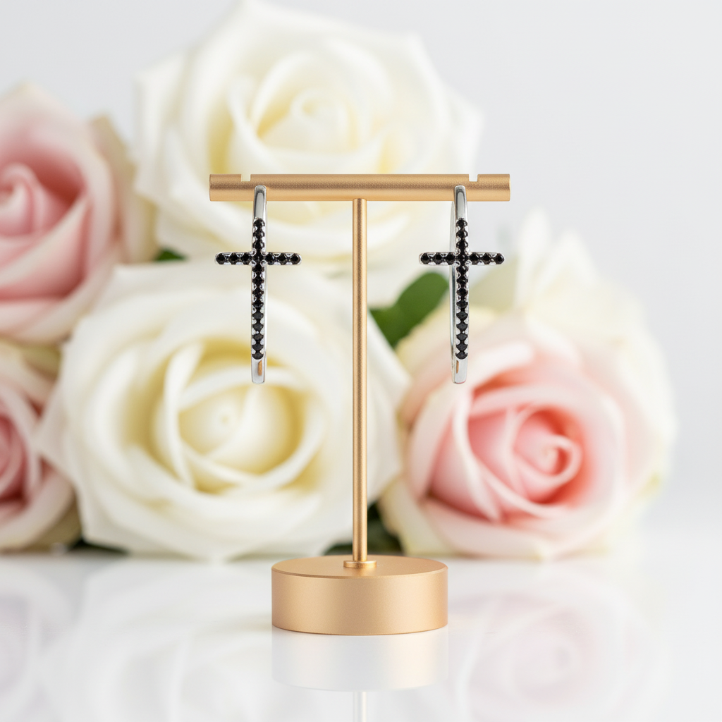 Classic Cross Black Diamond Stud Earrings-Black Diamonds New York